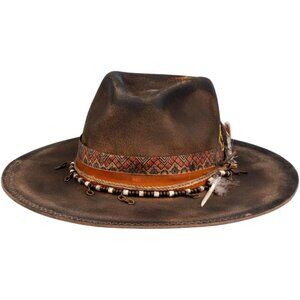 Unisex Cowhide Brown Western With Feather & Band Detail Classic Cowboy Felt Hat